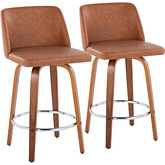 Toriano 26" Swivel Counter Stool in Walnut Wood & Camel Leatherette with Chrome Footrest (Set of 2)